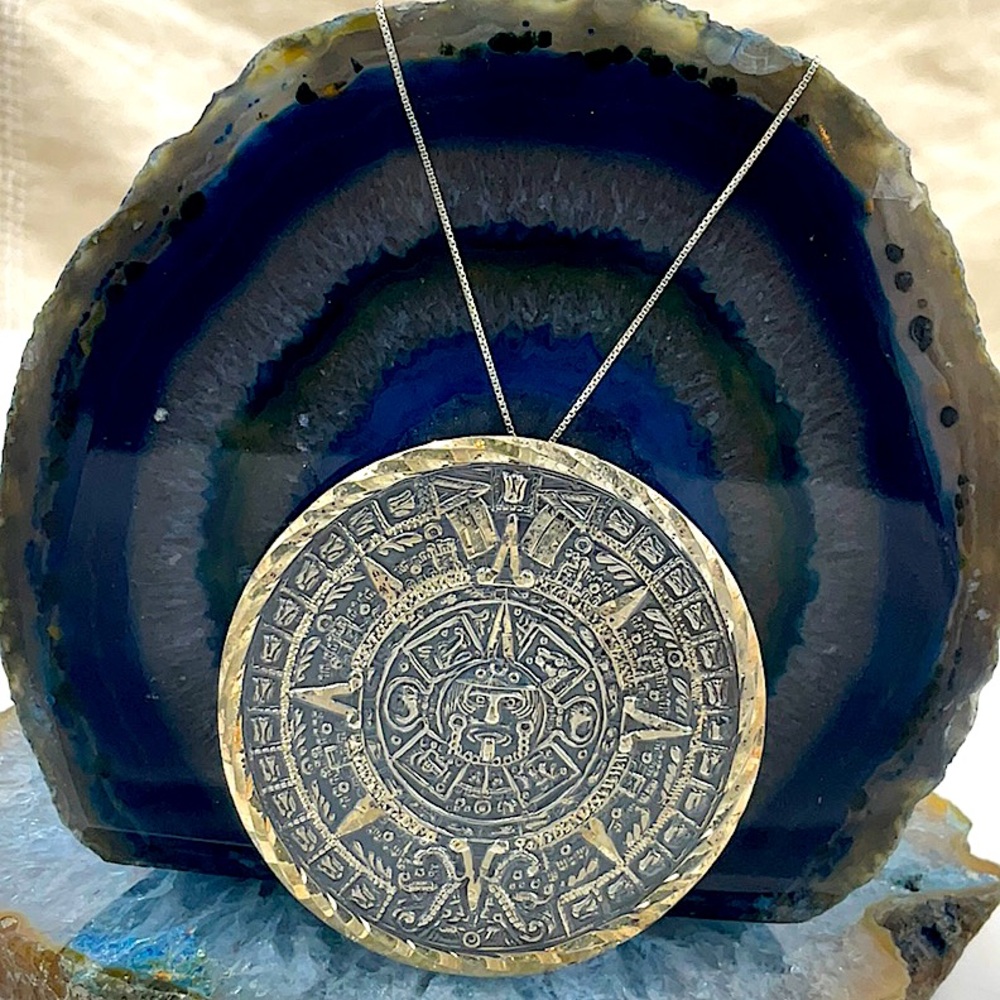 Vtg.17” Sterling Silver Necklace With Signed Sterling Silver 925 Mayan Sun God